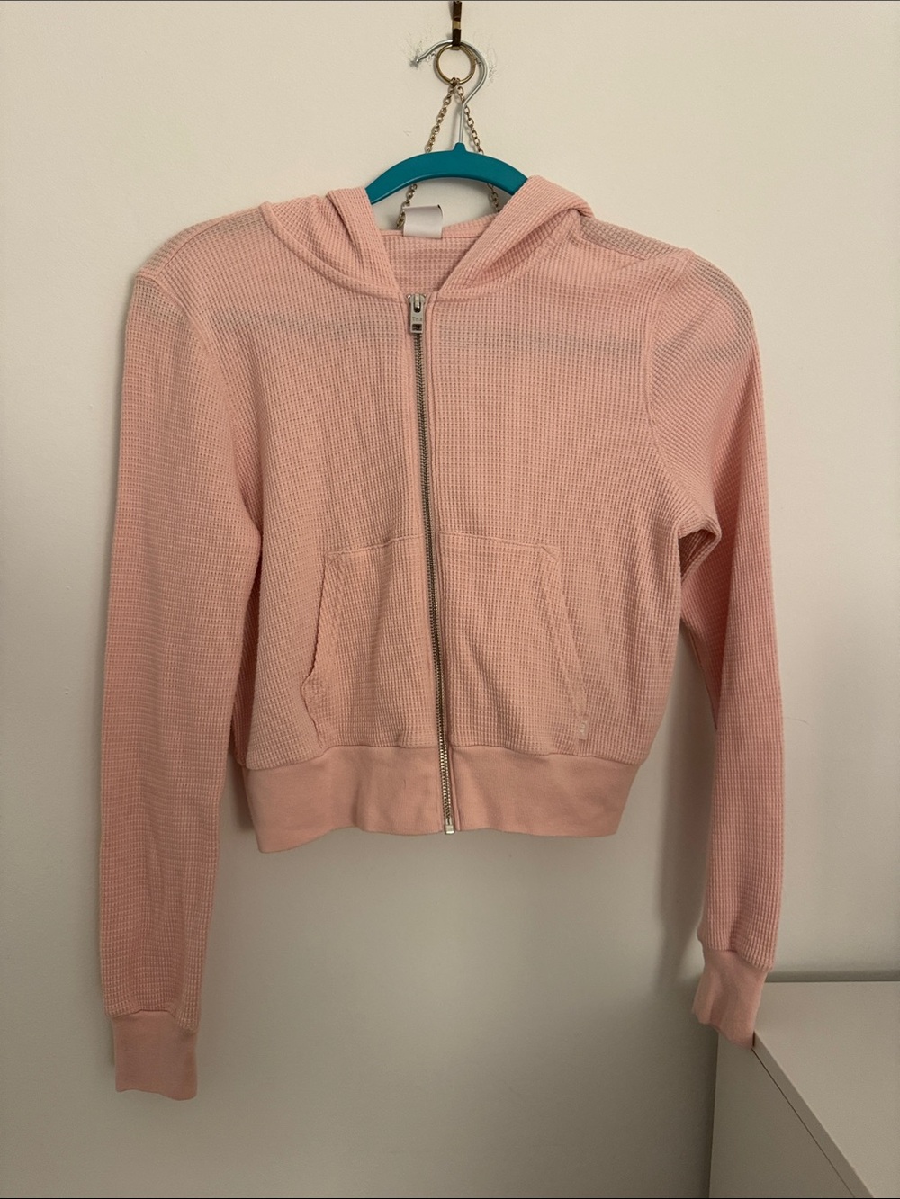 Aritzia Pale Pink Waffle-Knit Hooded crop Zip Jacket
